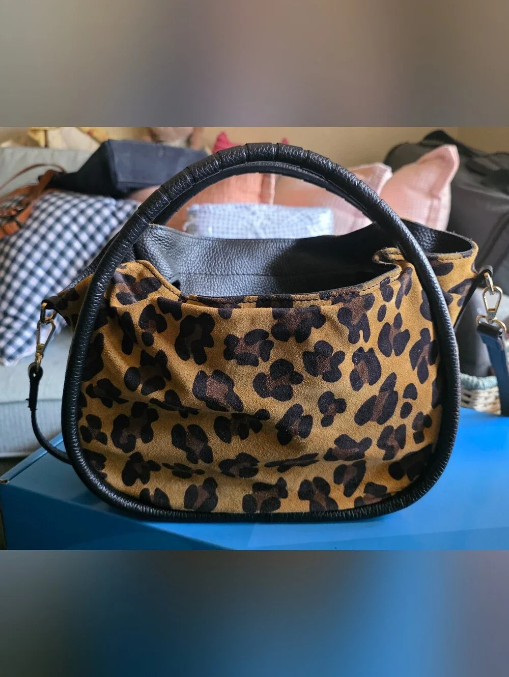 Leopard Print Suede Top-Handle Women’s Bag - Brown/Black